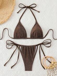 Swim Basics Summer Beach Glitter Triangle Tie Side Brown Bikini