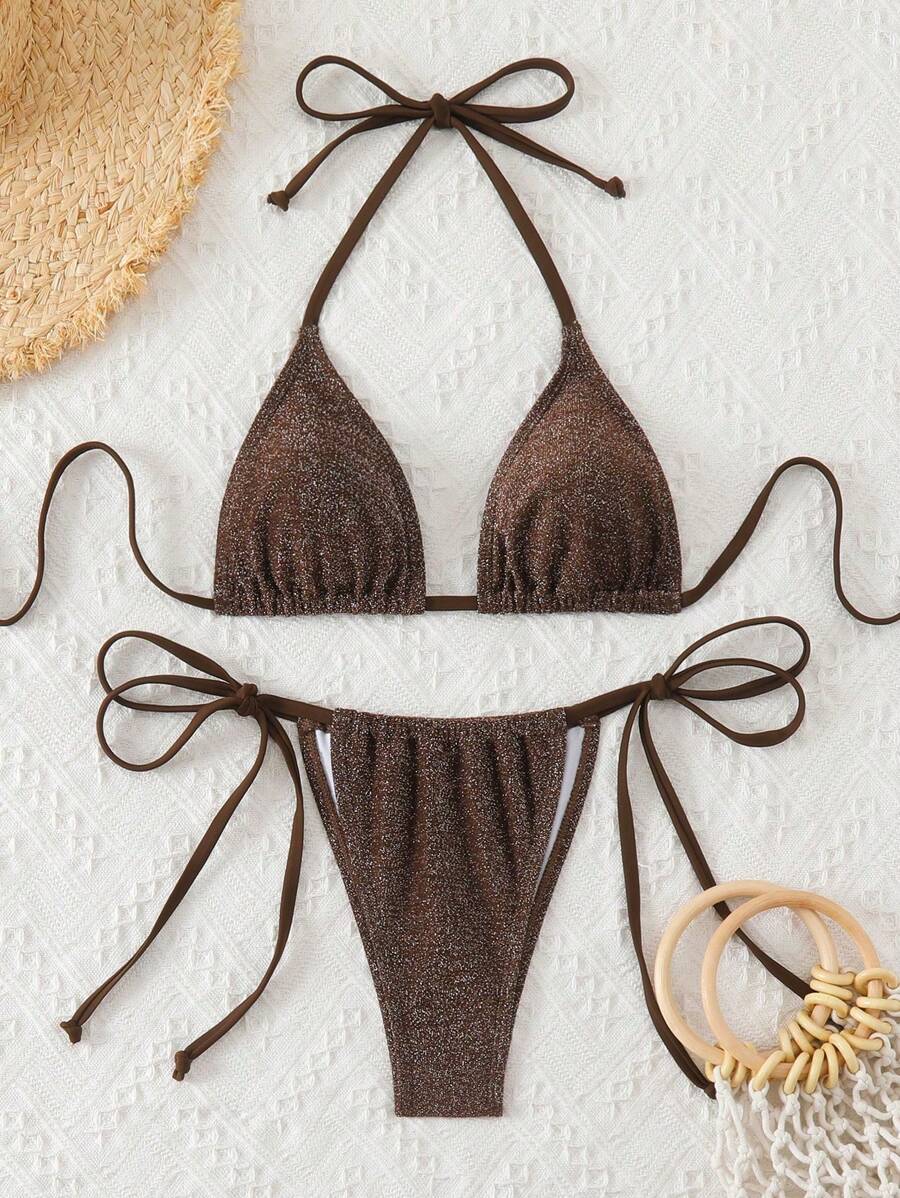 Swim Basics Summer Beach Glitter Triangle Tie Side Brown Bikini