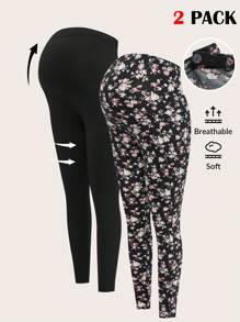 SHEIN Set de 2 leggings ajustados de maternidad de color sólido y estampado floral ditsy - Multicolor - Ver 1