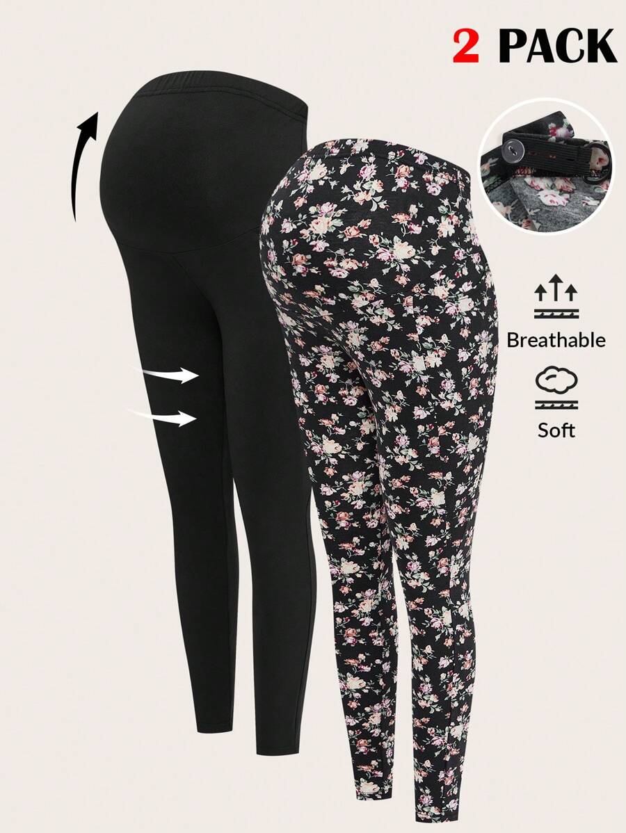 SHEIN Set de 2 leggings ajustados de maternidad de color sólido y estampado floral ditsy - Multicolor - Ver 1
