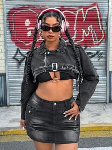 SHEIN ICON Plus Size Vintage Dark Color Denim Short Waist Belt Jacket - Black - View 6