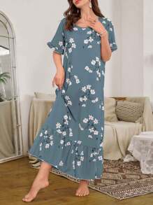 Serenescape 泡泡荷叶边下摆花卉印花长款睡袍，Moo Moo