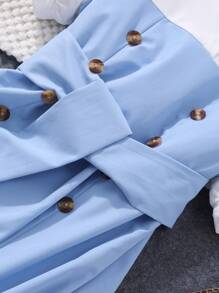 Teen Girl Solid Color Patchwork Short Sleeve Polo Collar Dress - Blue - View 7