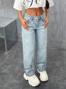 EURMUSE Gerade, lässige blaue Jeans mit tiefer Taille, minimalistisch und modisch - Mittele Waschung - Übersicht 4