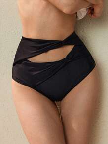 SHEIN Swim 女士简约黑色纯色泳裤，春假沙滩装 - 黑色 - 查看 5