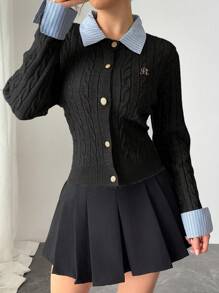 Franclia New Blogger-Style Fashionable Design Sense Preppy Style 2 In 1 Patchwork Knitted Cardigan Crop Sweater Fall Winter Cloth For Women