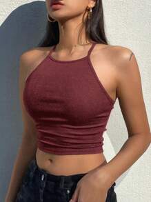 DAZY 夏季女式紧身超短休闲细肩带吊带背心上衣学院风上衣短款女式上衣 - 酒紅色 - 查看 4