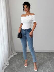 Elenzga Blusa bianca elegante e floreale con spalle scoperte, maniche corte, unica e alla moda, adatta per l'estate