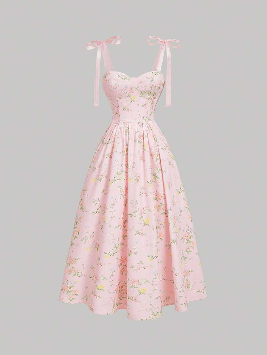 SHEIN MOD Vestido largo de verano para mujer con estampado floral romántico, con tirantes y cintura anudada. Vestido de estilo Bridgerton, vestido floral - Rosa Pálido - Ver 1