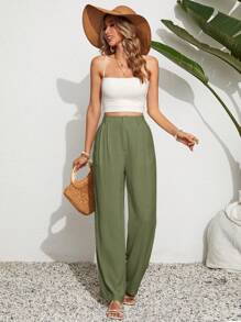 SHEIN VCAY Women's Solid Color Pleated Wide Leg Loose Casual Pants, Versatile
