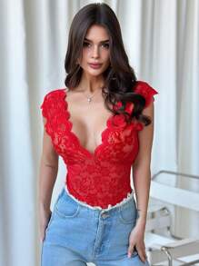 Firerie Sexy & Elegant Deep V Lace Contrast Color See-Through Backless Camisole For Dates - Red - View 4