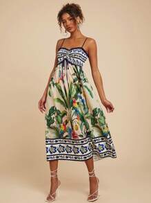 Travachic Women's Tropical Print Tie Front Frill Trim Sleeveless Vacation Dress,Sun Dress - Multicolor - View 1