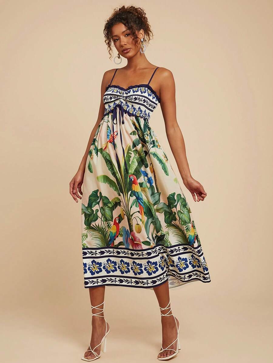 Travachic Women's Tropical Print Tie Front Frill Trim Sleeveless Vacation Dress,Sun Dress - Multicolor - View 1