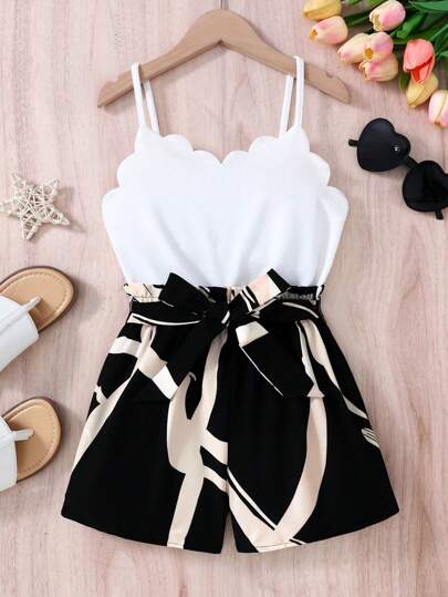 SHEIN Tween 女童纯色贴花拼接花卉吊带休闲连身裤