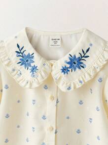 SHEIN Leap Crew Young Girls Cute Floral Embroidered Collar Ruffle Trim Shirt And Ruffle Hem Shorts Set - Multicolor - View 6