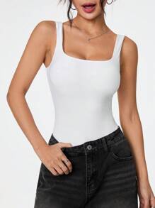 SHEIN PETITE 女款方領無袖露背純色緊身連身衣，適合嬌小身材女性 - 白色 - 查看 6