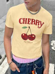 Manfinity VCAY 1 件装 男士 Y2K 服饰趣味休闲高街复古风格樱桃图案 T 恤 返校秋季服饰 万圣节服饰 - 黃色 - 查看 4