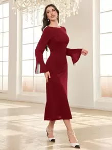 Modelyn 女士拼色露背修身迷你连衣裙长款晚礼服 - 酒紅色 - 查看 5