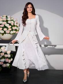 Modelyn Damen elegantes Partyset mit romantischem Blumen-Jacquard-Strick, bestehend aus Quadrat-Kragen-Top und Rock, 2-teilig