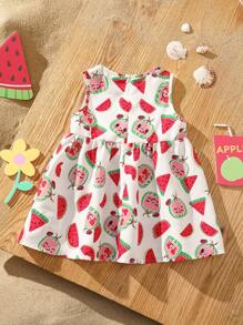 CoComelon X SHEIN 女婴可爱西瓜满身印花系带圆领无袖连衣裙 - 白色 - 查看 2