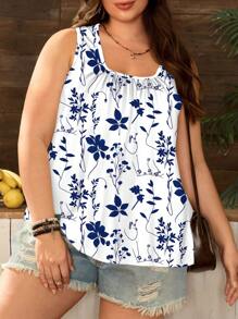 EMERY ROSE Holiday Style Blue & White Floral Print Plus Size Loose Pleated Wide Strap Tank Top, Suitable For Spring/Summer Suitable For Going Out