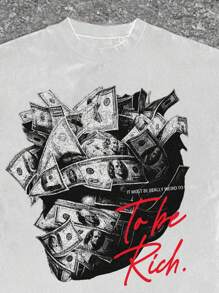 Slaydiva Oversized Casual Rich Money Graphic Round Neck Short Sleeve T-Shirt For Plus Size Women, Suitable For Summer - White - View 3