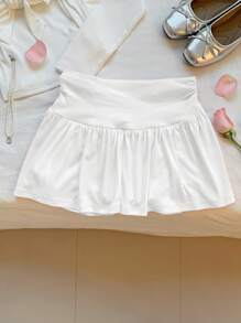 Comfortcana Women Solid Color Minimalist Design Skirt, Suitable For Summer White Ruffle Shorts - White - View 5