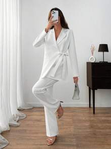 EURMUSE WOMEN ELEGANT SUIT SET WITH BELT DETAILED - White - View 4