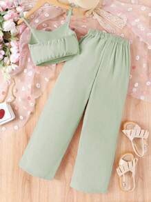 2件套少女度假雪纺吊带背心和裤子套装