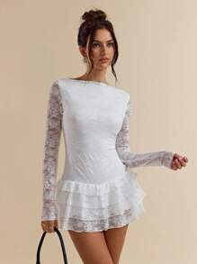 SHEIN BAE 勃艮第纯色优雅女士长袖花卉蕾丝边迷你连衣裙，适合约会之夜、俱乐部、生日派对、情人节 - 白色 - 查看 3