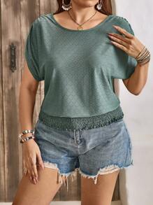 SHEIN LUNE Plus Size Women's Bohemian Short Sleeve Green T-Shirt Top For Music Festival In Spring And Summer Loose Crew-Neck Casual T-Shirt Hem Tightening Holiday Casual T-Shirt