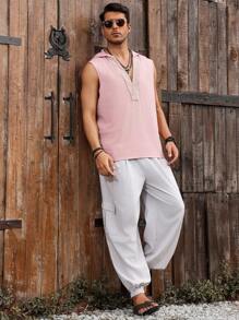 Genlund Manfinity Nomadique Men's Solid Color Pink Contrast Lace Sleeveless Hooded Shirt - Pink - View 2