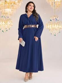 Mulvari Plus Size V-Neck Long Sleeve Waist Rhinestone Decor Retro Dress - Navy Blue - View 2