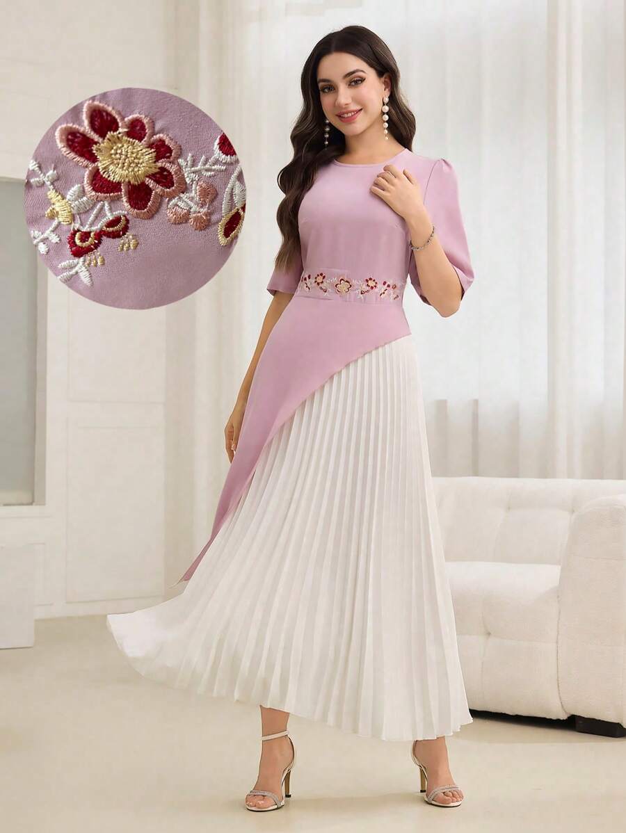 Modelyn Váy xếp ly thêu tay ngắn phối màu - Nhiều màu - Xem 1