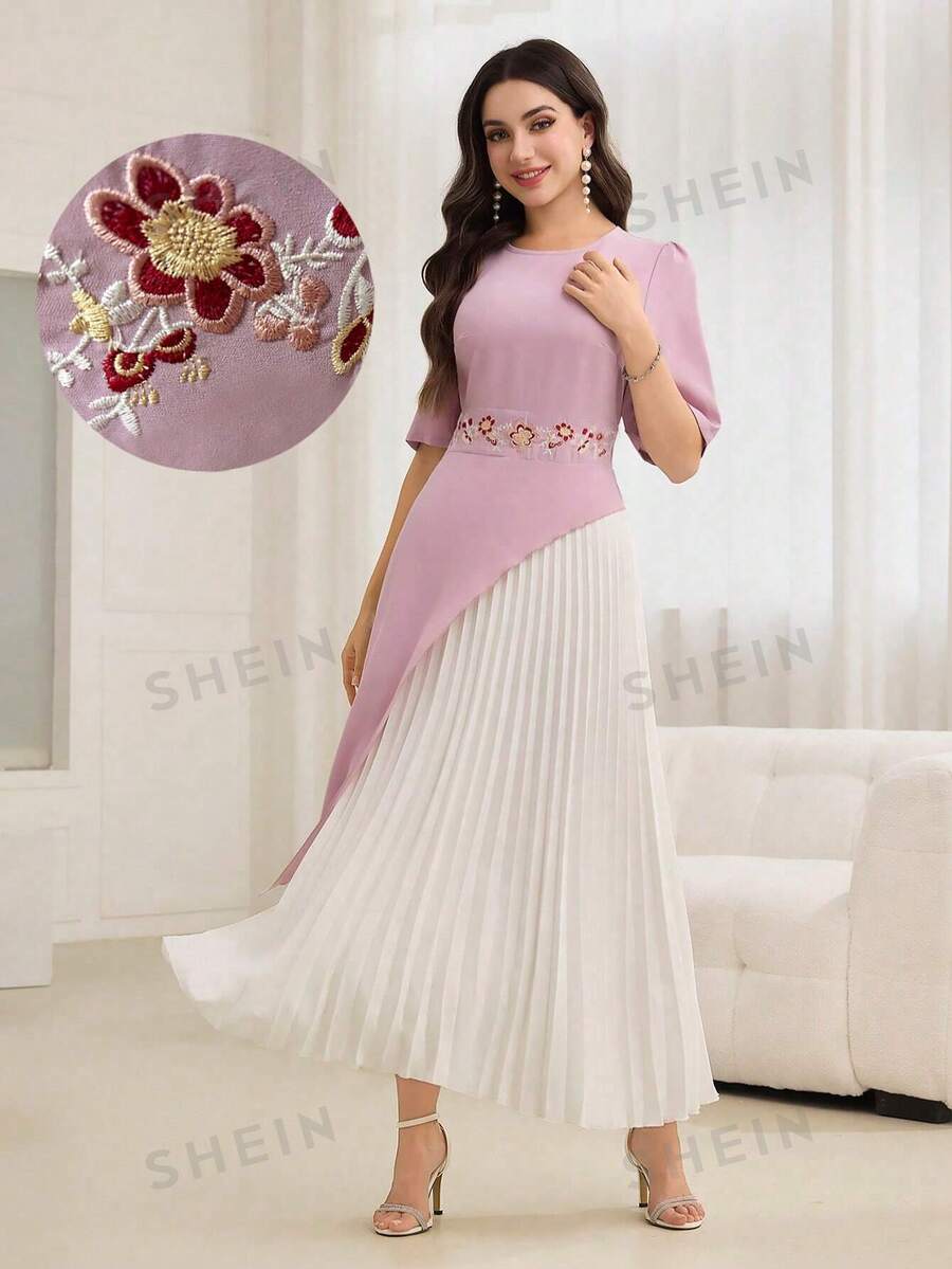 Modelyn Rochie cu mânecă scurtă, brodata cu tiv pliat - Multicolor - Vizualizare 1