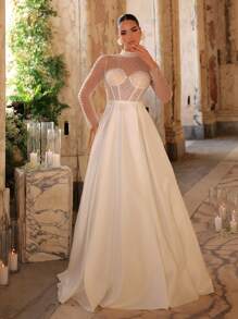 Glamrae Elegantes luxuriöses cremefarbenes Satin-Ballkleid mit Puffärmeln, wehendem Saum und Schleppe, geeignet für Hochzeit, Party, Urlaub, Ballkleid - Beige - Übersicht 6