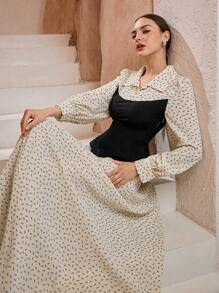 Graceveil Vestido con cuello de camisa y mangas abullonadas con estampado de diseño para mujer - Albaricoque - Ver 5