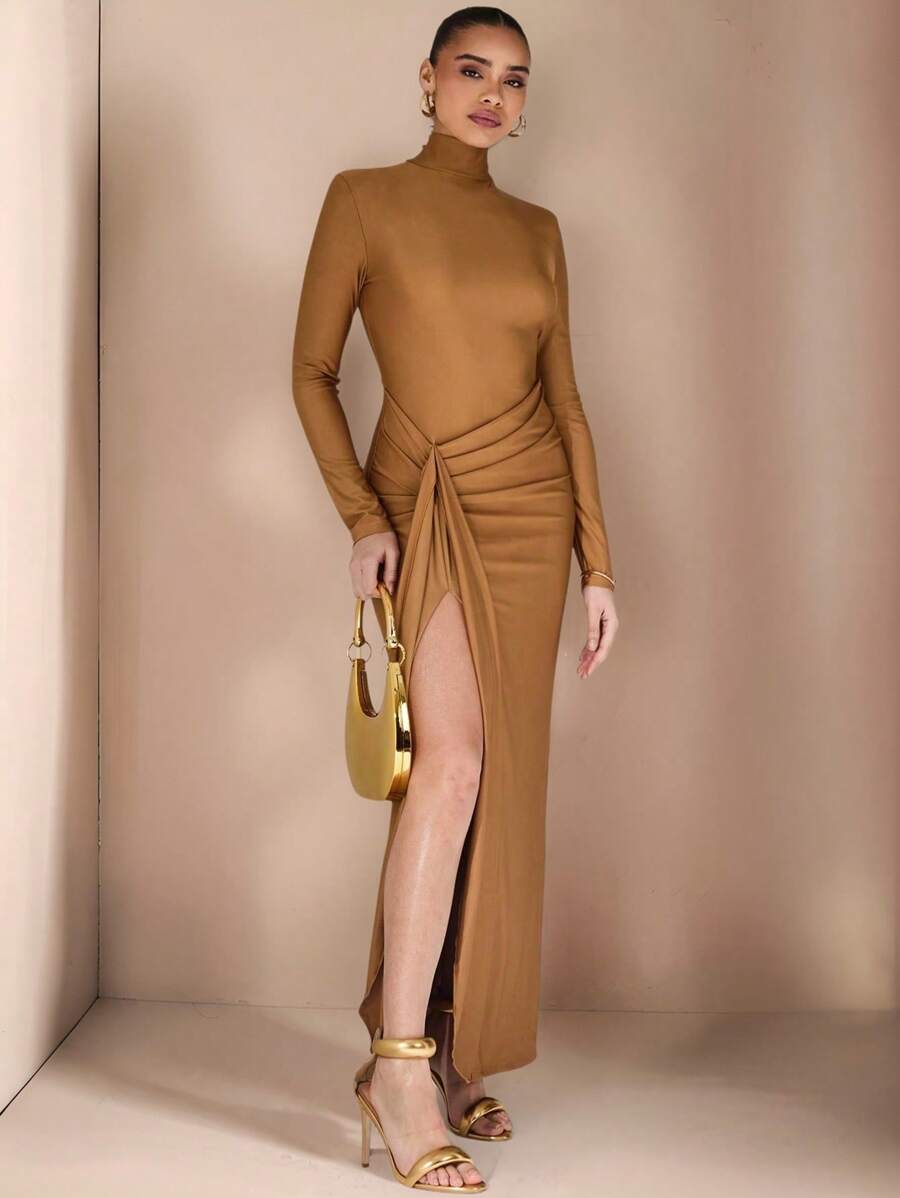 Glamine Hoher Kragen, Langarm, seitlich plissierte Volants am Vorderteil, Rüschen am Rücken, Reißverschluss hinten, schlanke Maxikleid aus Strick für alle Jahreszeiten, sexy elegante Abendkleider für besondere Anlässe, gestrickte Kleider, elegante Damenkleider