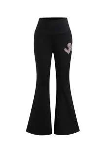 Girls' Tight Flared Stretch Printed Pants - Black - View 1
