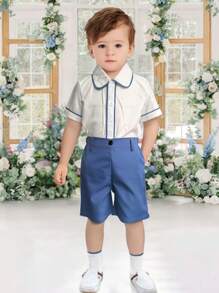 SHEIN 2 件套男童绅士西装套装：短袖白衬衫和蓝色短裤。夹克采用撞色抽绳设计，时尚帅气，适合生日派对、正式活动、婚礼、洗礼、返校和节日场合 - 白色 - 查看 7