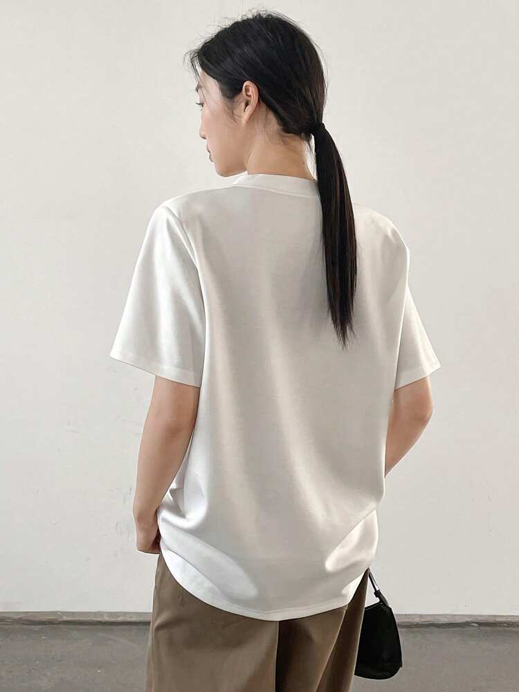 Asymmetric Ribbon Tie-Up Twist Design Loose Short Sleeve Business Casual T-Shirt For Women