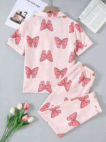 Spring Girls' Floral Knitted Cardigan With Pockets & Rompers Two Pieces Outfit, Casual Loungewear,Summer,Travel - Baby Pink - View 2