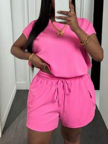 Slaydiva 新款春夏休闲基础款圆领盖袖宽松常规T恤+侧立体工装口袋装饰七分裤短裤粉色纹理针织面料女加大两件套-B - 粉色 - 查看 1