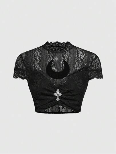 Goth Blouse courte en dentelle de style gothique avec broderie de lune pour femmes