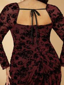 SHEIN BAE Vestido plisado de encaje de manga larga ligeramente transparente y longitud media para mujer de talla grande, adecuado para otoño e invierno, atuendo para fiestas navideñas, atuendos de cumpleaños para mujer, vestidos para vacaciones, vestido ajustado, vestido formal, salida nocturna, vestido de novia, negro, vestido de noche, vestidos de graduación, vestido negro elegante, vestido largo, vestidos de curvas