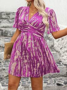 Breezaya 大码女式扎染印花 V 领短袖褶皱休闲连衣裙 - 紫丁香色 - 查看 5