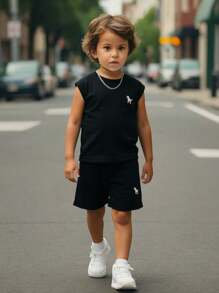 SHEIN Genkimix Kids Summer Cute Print Crew Neck Sleeveless Top And Shorts Set, Getaway, Holiday, Travel, Relax, Sunbathing