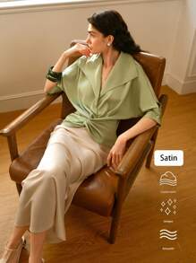 Uhlyne Fashionable Woven Twill Lapel Twist Detail Elegant Ladies Blouse - Mint Green - View 4