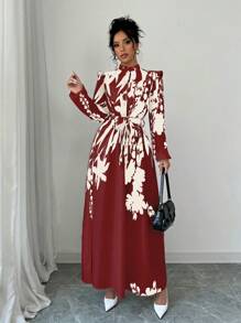 Elenzga Women Floral Print Waist Cinched Dress Maxi Women Outfit