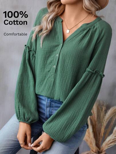 SHEIN LUNE Notched Neckline Lantern Sleeve Blouse